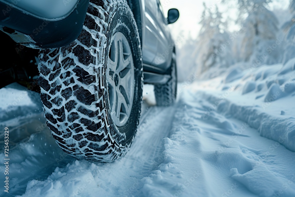 Poster a gripping display of car tires with snow chains plowing through deep snow, showing off their tracti