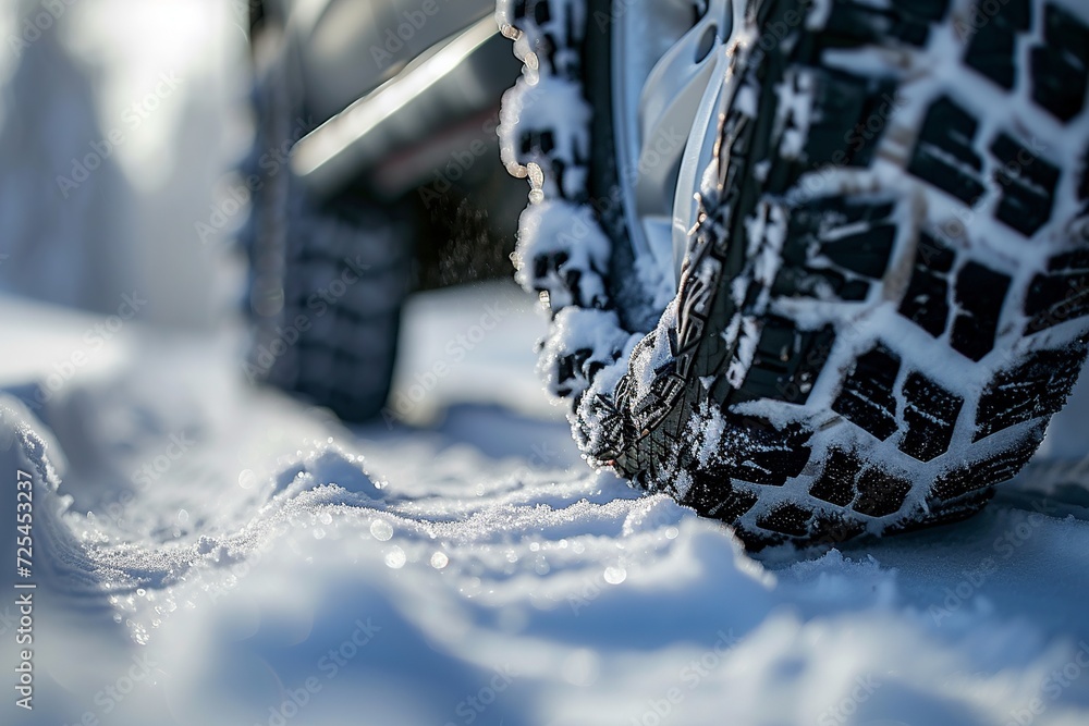 Poster a gripping display of car tires with snow chains plowing through deep snow, showing off their tracti