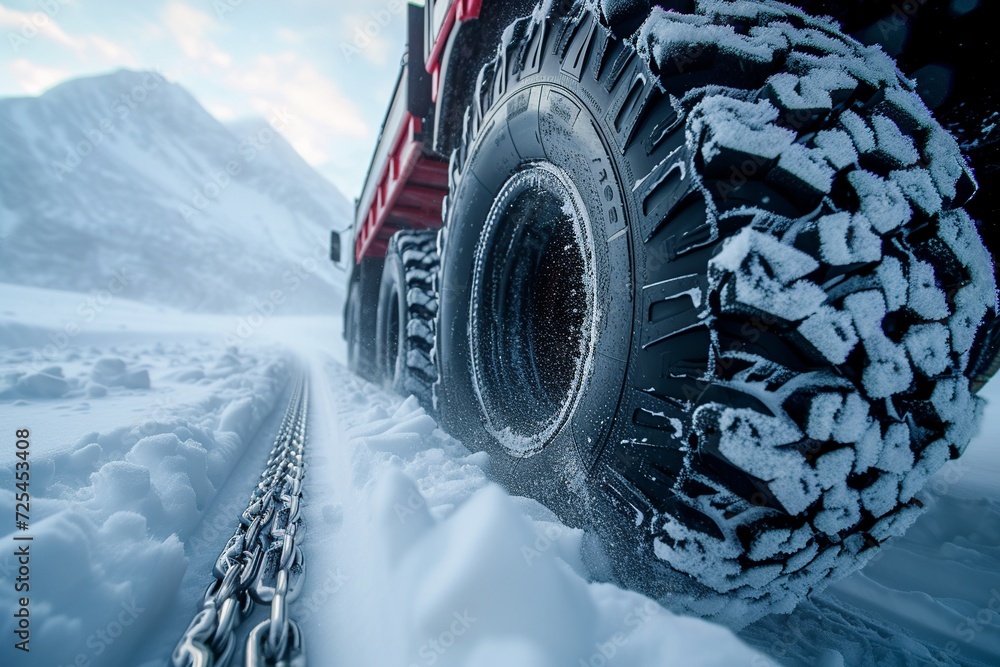 Poster a gripping display of car tires with snow chains plowing through deep snow, showing off their tracti