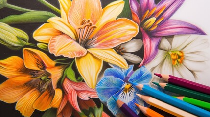 colouring pencils and a drawing of colourful flowers. 