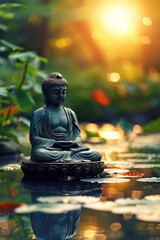 Buddha statue in water and light