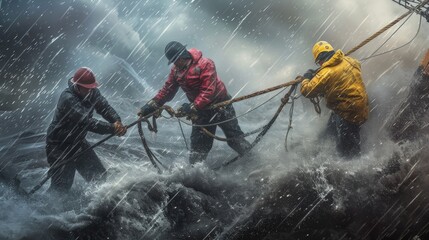 Three male workers help each other pull sling in the midst of bad weather.