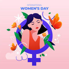 Gradient womens day illustration with female symbol and flowers