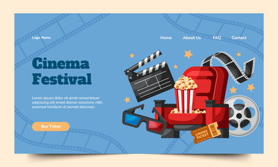Fototapeta premium Hand drawn flat cinema landing page template with film elements