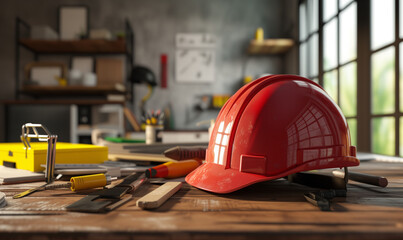 Fototapeta premium red construction helmet. The construction site as a background with copy space