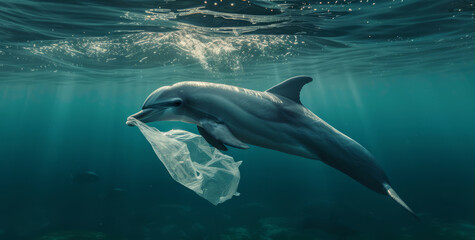 Naklejka premium Ocean, sea and dolphin swimming underwater in clear water for tourism, holiday, adventure and travel. Blue, wildlife and nature scene with plastic for impact of pollution, environment and waste