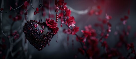 decorative black heart with dark wine red flowers and stones. - obrazy, fototapety, plakaty