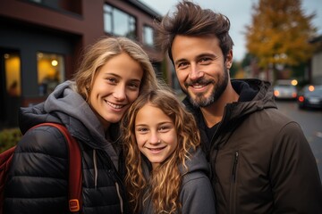 Obraz premium Happy family in front of newly purchased house. Home ownership, real estate and a life goal accomplishment concept