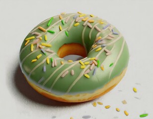 Green donut decorated with colorful sprinkles isolated on white background.