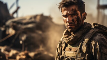 Portrait of a Lone Soldier in the Warzone: Courage Amidst Conflict - obrazy, fototapety, plakaty