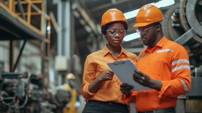 Two professional engineer, worker, technician use clipboard discuss work, walk in steel metal manufacture factory plant industry. Black African American man and woman wear hard hat check