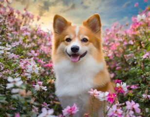 Un chien au milieu des fleurs 