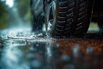 An action-packed shot of car tires handling a rainy obstacle course, highlighting their control and grip on wet surfaces, with dynamic water splashes - obrazy, fototapety, plakaty