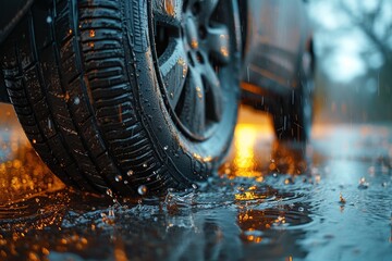 An action-packed shot of car tires handling a rainy obstacle course, highlighting their control and...