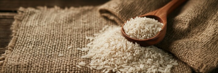 white rice grains in wooden spoon on the rough jute fabric. 