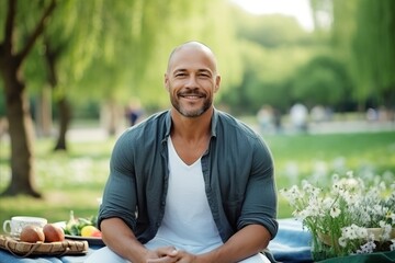 Portrait of smiling man having picnic in park, looking at camera