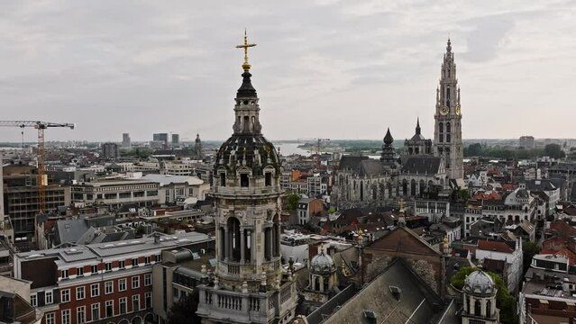 Belgium Antwerp church tower and old city