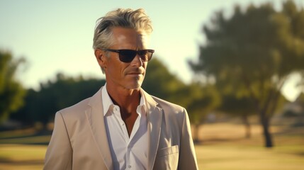 Stylish mature man with sunglasses in a park at sunset