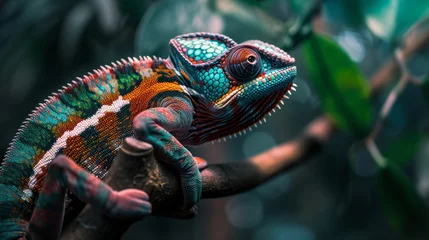 Fotobehang Vibrant Chameleon Camouflaging on Branch - Macro Capture. © Demo