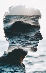 Double exposure portrait of a man in the sea,close up. Conceptual image