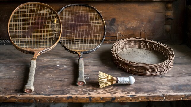 Vintage Badminton Gear and Wicker Basket