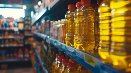 vegetable oil in plastic bottle , palm oil in store - obrazy, fototapety, plakaty