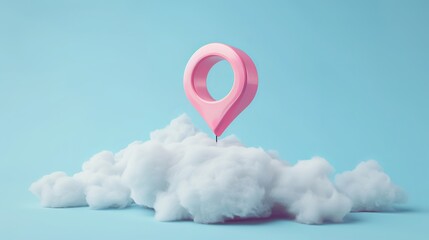 3D map location point marker of map or navigation pin icon sign on isolated cloud background. 3d pin navigation is pink color with shadow on cloud map direction. 3d GPS pin vector render illustration  - obrazy, fototapety, plakaty