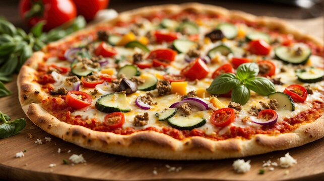 A close-up of a freshly baked pizza with a variety of toppings on a wooden surface