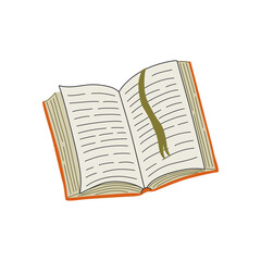 Vector illustration of opened book with bookmark. Symbol of literature and education. Hand drawn flat style single object isolated on transparent background.
