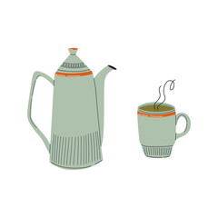 Coffee kettle and cup. Cup of tea and teapot.  Hot drink. Hand drawn vector illustration for coffee shops, cafes, and restaurants.
