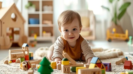 Baby playing with wooden toys. Eco-friendly wooden toys for children