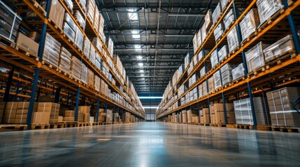 Warehouse industrial and logistics companies. Commercial warehouse. Huge distribution warehouse with high shelves. Low angle view.