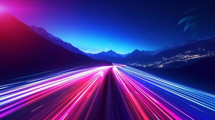 Car speed lights. Glowing trail, highway road line, fast and long night exposure, red lane blurred effect. Mountains and night sky. Vector abstract background with dynamic flashlight - obrazy, fototapety, plakaty