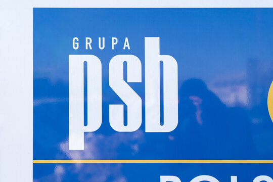 PSB Group logo sign. Grupa PSB Polskie Składy Budowlane, Polish Construction Depots. Construction and building materials company. Signage with brand logotype on January 21, 2024 in Krakow, Poland.