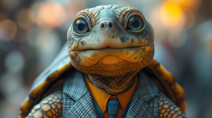 The turtle in a Suit full body. smart and handsome and look solemn. background in the office room. - obrazy, fototapety, plakaty