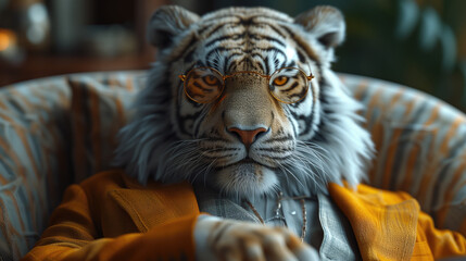The white tiger in a Suit full body. smart and handsome and look solemn. background in the office room.