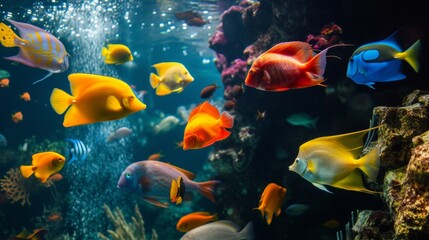 Obraz na płótnie Canvas Crystal-Clear Aquarium: Colorful Tropical Fish in Vivid Display AI Generated.