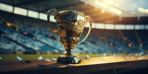 Magnificent winner cup in the stadium, theme of victory, competition. Generative AI - obrazy, fototapety, plakaty