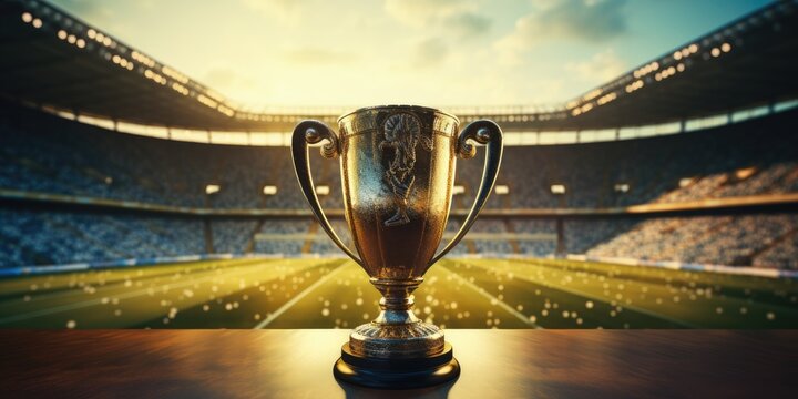 Magnificent winner cup in the stadium, theme of victory, competition.