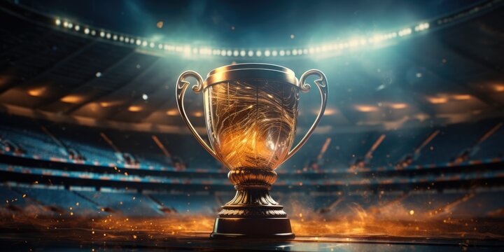 Magnificent winner cup in the stadium, theme of victory, competition.