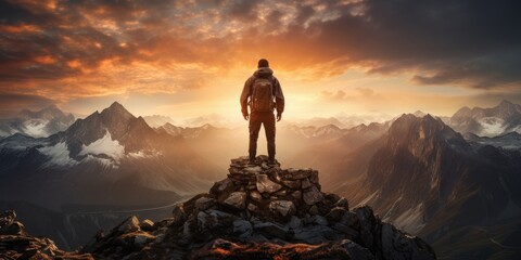 Man on top of the mountain, Winner. The theme of travel and victory over oneself - obrazy, fototapety, plakaty
