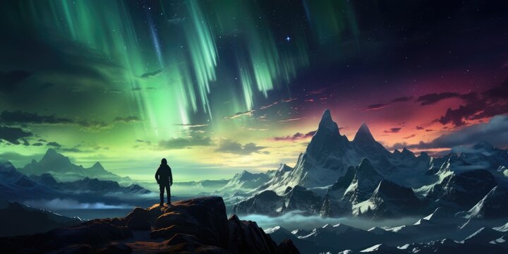 A traveler looks at the northern lights. Winter landscape at night. Aurora. 