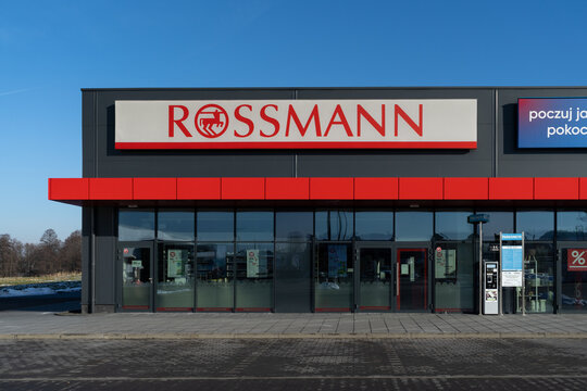 Rossmann store with company logo sign. Perfumery and drug pharmacy chain shop. Signboard with brand logotype above entrance on January 21, 2024 in Krakow, Poland.