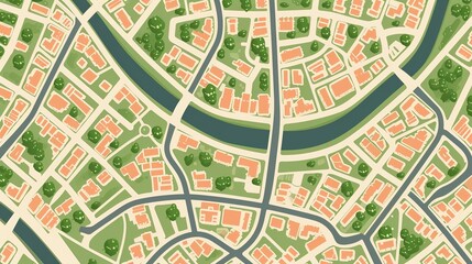 Editable vector street map of town as seamless pattern. Vector illustration. 