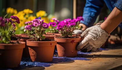 Person Wearing Gardening Gloves Picking Up Potted Flowers