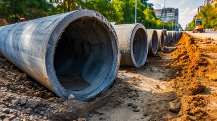 Water pipes for water supply lie on the construction site. View from a large concrete pipe. Preparation for earthworks for laying an underground pipeline. Modern water supply systems