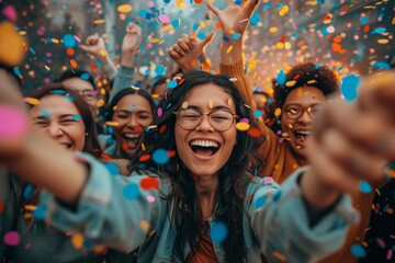 A diverse team of employees celebrates a business victory, surrounded by confetti, embodying unity, collaboration, and shared success in an inclusive workplace.