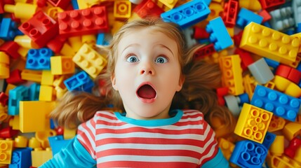 Funny surprised little girl lying in the chaos of toys. Kid's face surrounded by building blocks. 