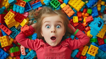 Funny surprised little girl lying in the chaos of toys. Kid's face surrounded by building blocks.  - obrazy, fototapety, plakaty