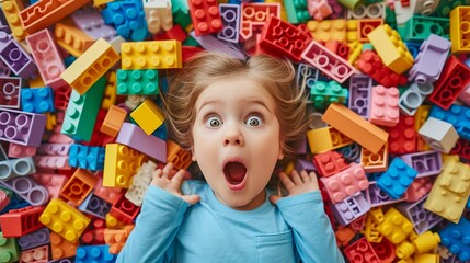 Funny surprised little girl lying in the chaos of toys. Kid's face surrounded by building blocks. 